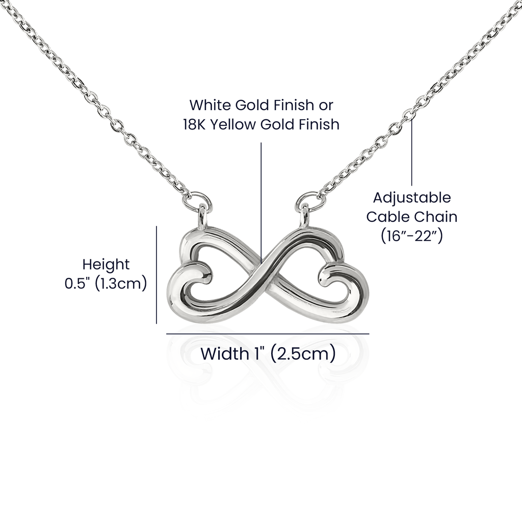Silver heart-and-infinity pendant necklace, adjustable cable chain and measurements