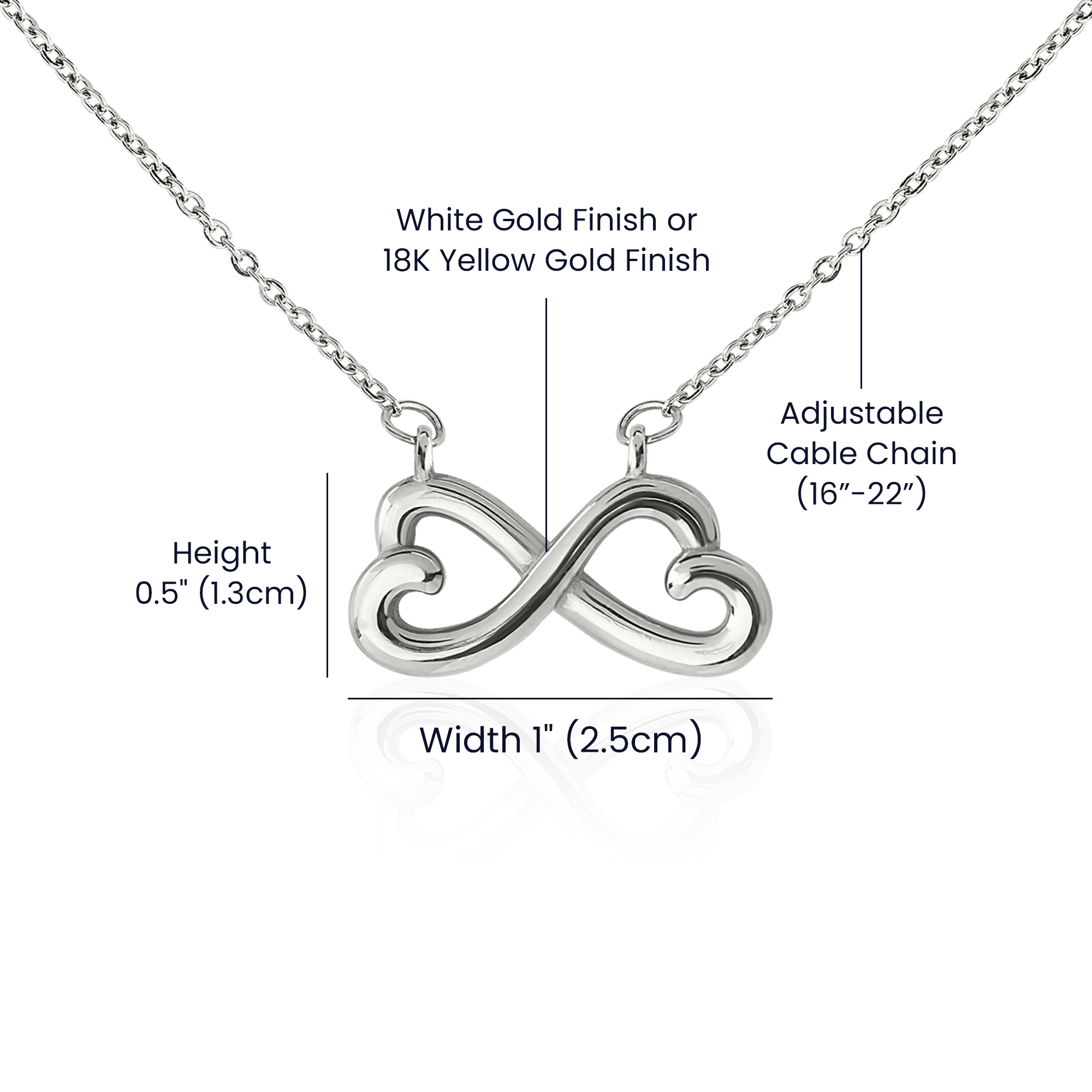 Silver heart-and-infinity pendant necklace, adjustable cable chain and measurements