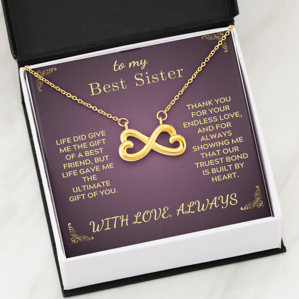 Purple gift card necklace set in box, gold infinity heart pendant and chain