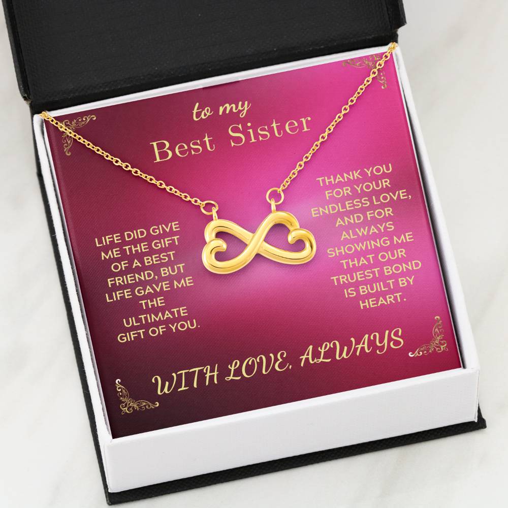 Gold-tone heart infinity pendant necklace in gift box with thank-you card