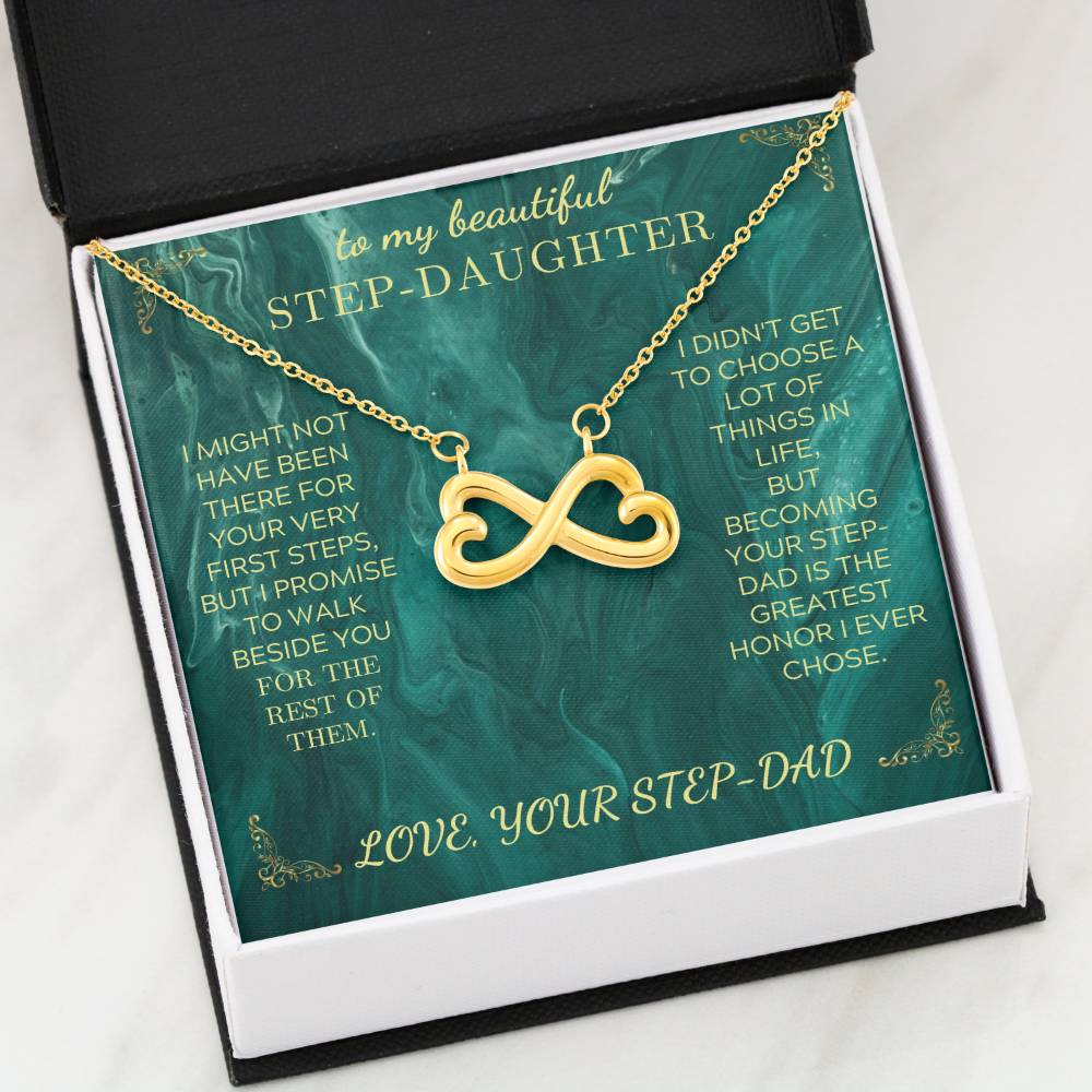 Endless Love necklace with gold infinity-heart pendant on green gift card inside open box