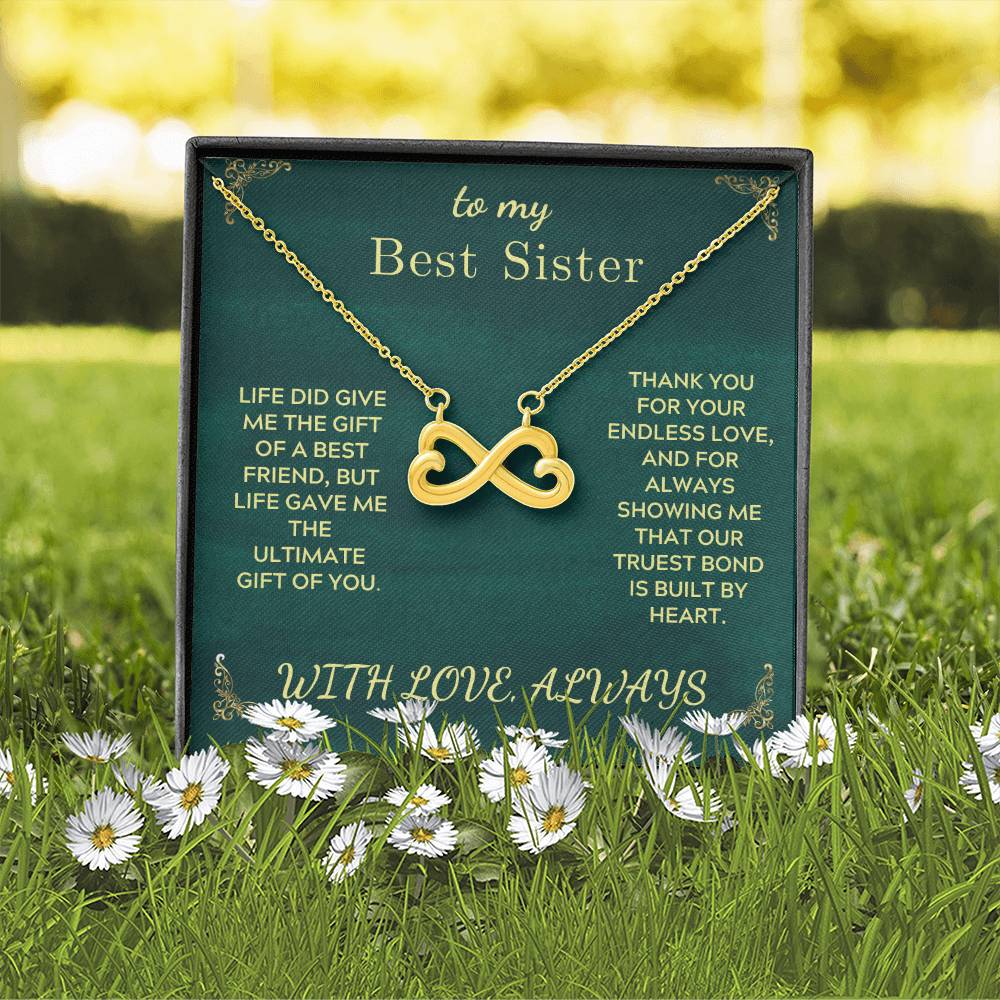 Gold-tone infinity heart sister necklace in green gift box