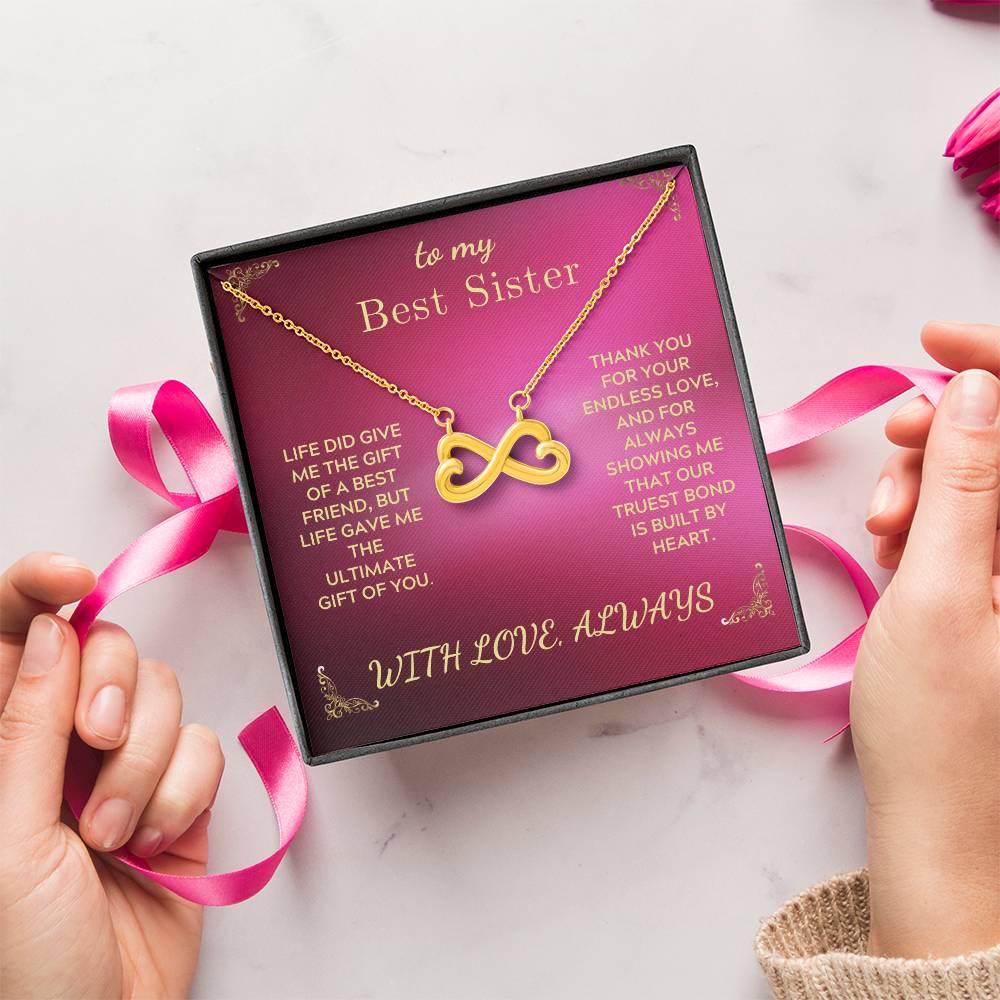 Gold-tone infinity-heart necklace gift box with chain and ribbon