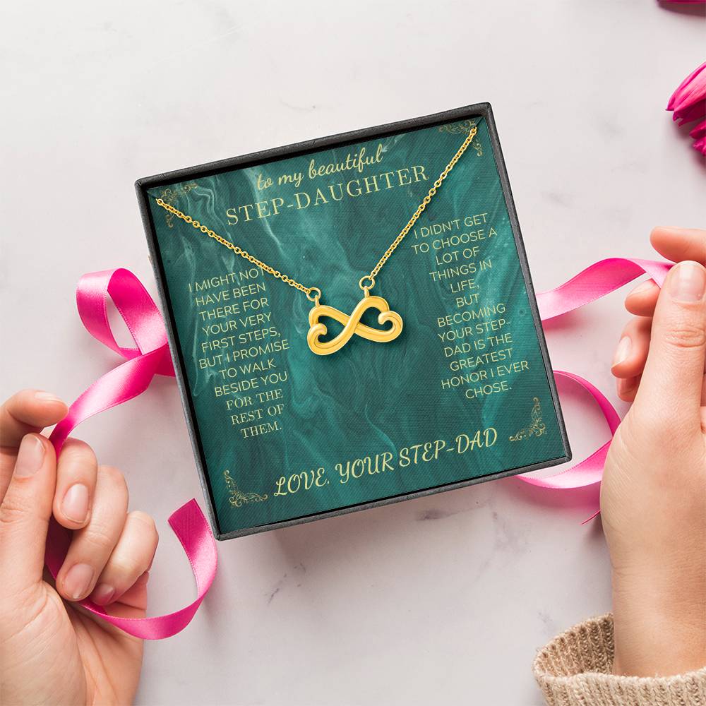 Endless Love necklace with gold infinity-heart pendant on green gift card in open box