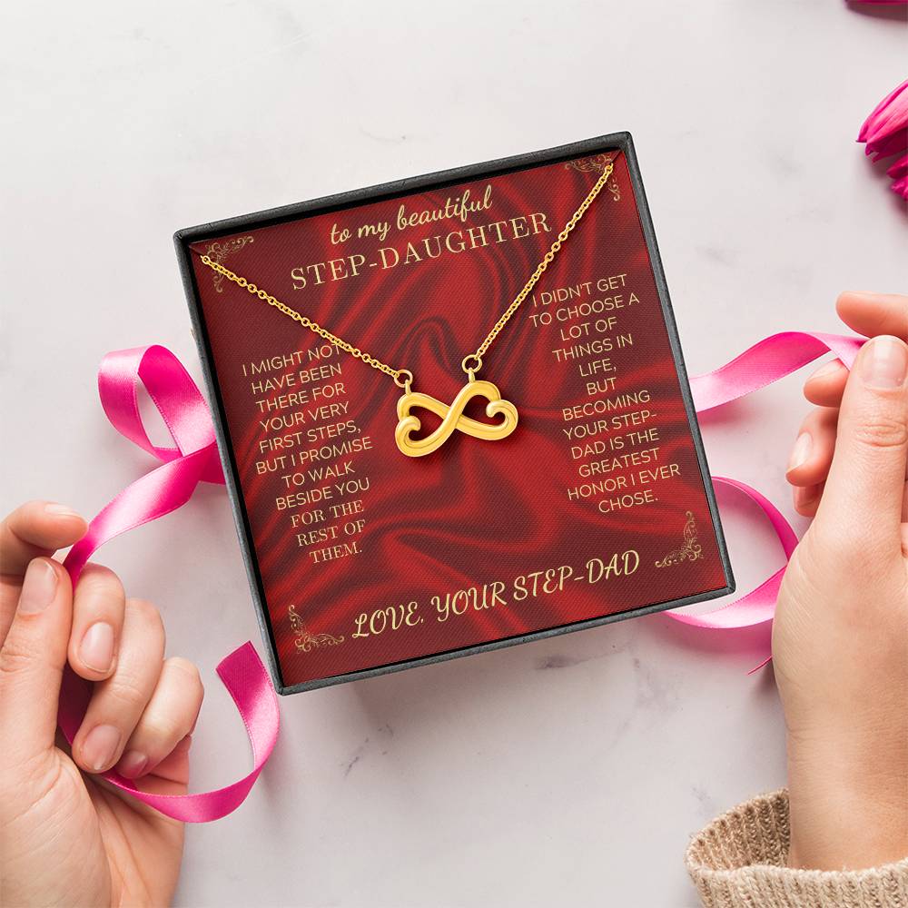 Red gift box insert with gold heart-infinity necklace and chain