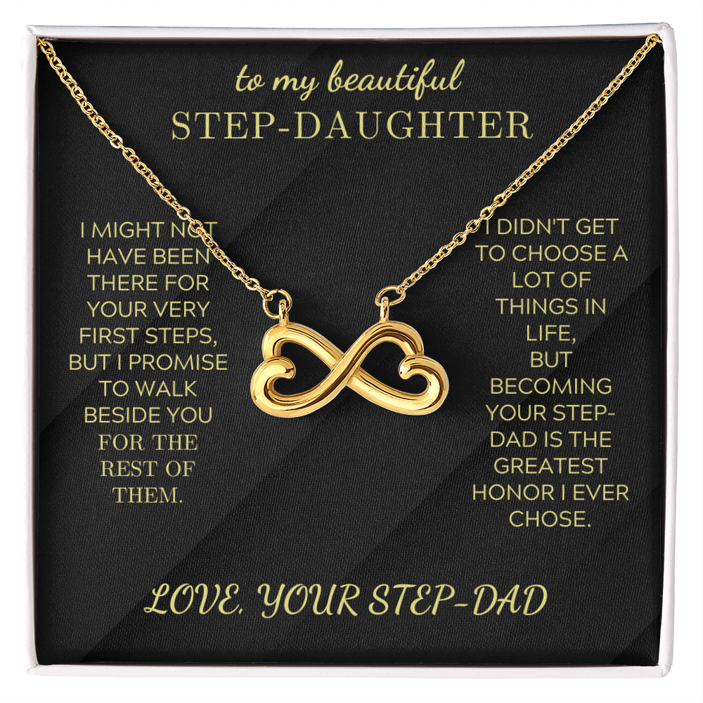 Gold heart-infinity pendant necklace on black gift box insert