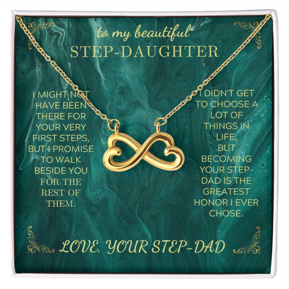 Gold heart infinity pendant necklace on green message card inside a white gift box