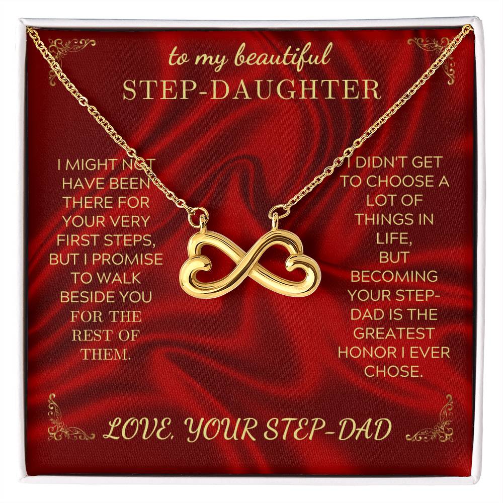 Red necklace gift set with gold heart-infinity pendant and Step-Daughter message card