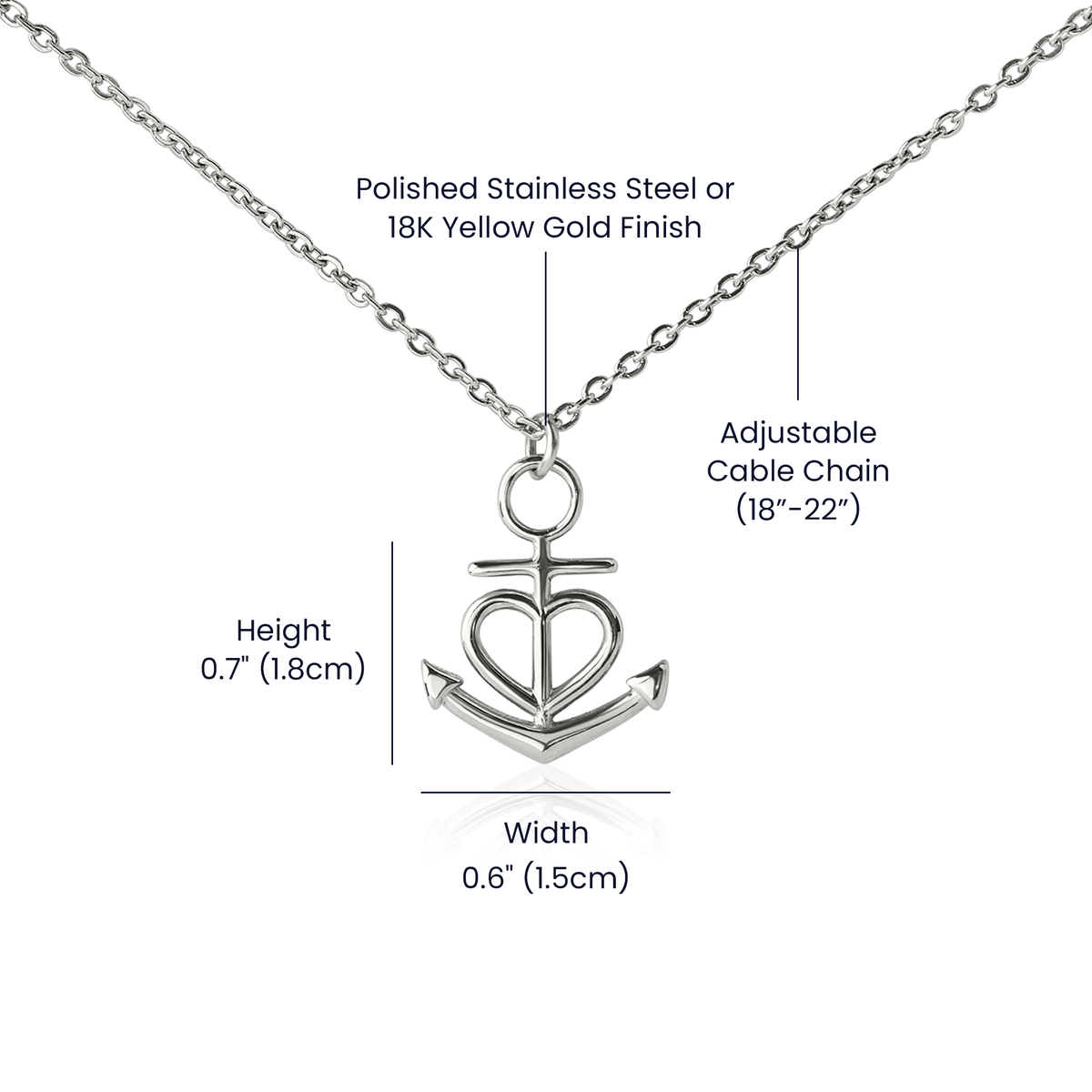 Anchor heart pendant necklace with adjustable cable chain (18–22 in)