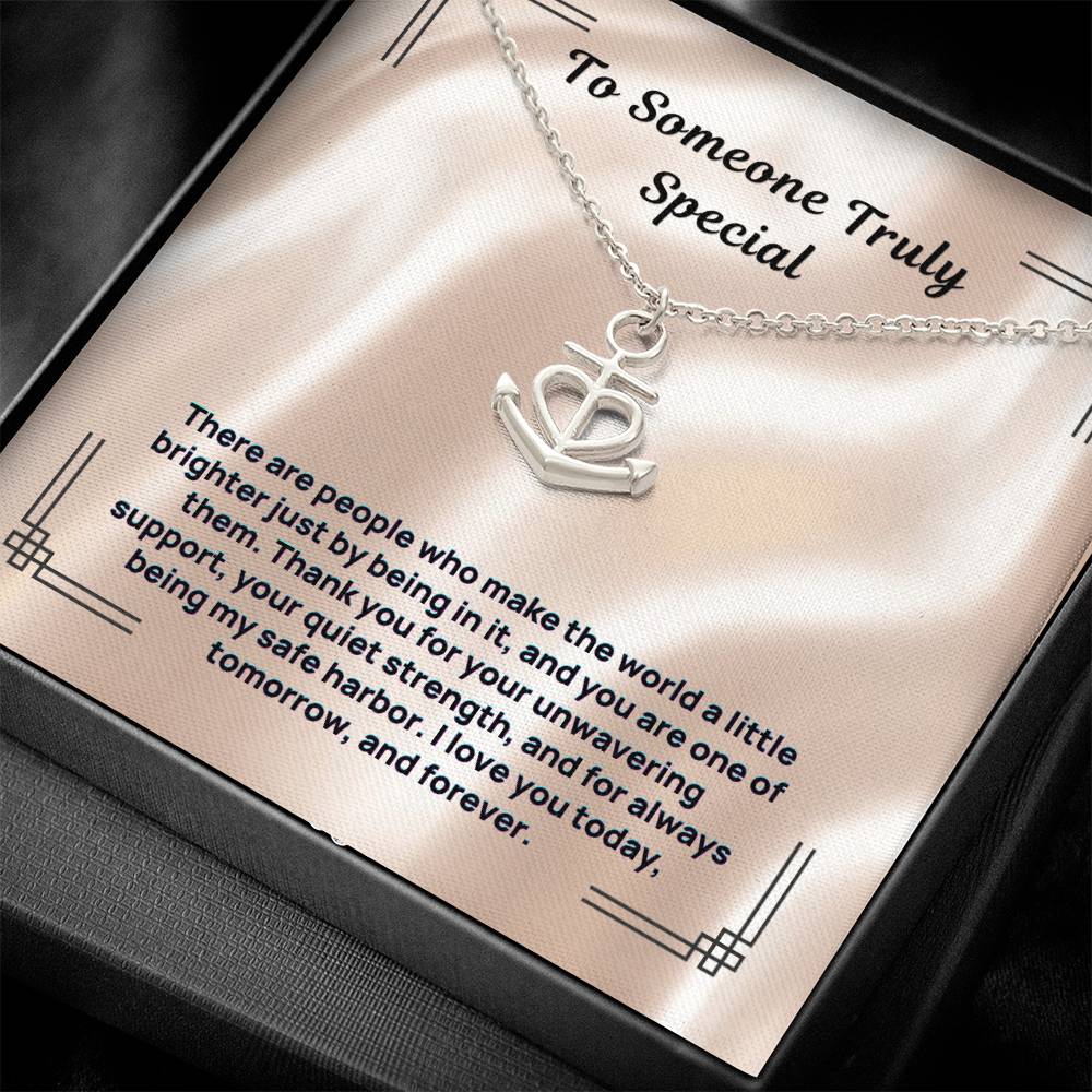 Silver anchor-and-heart pendant necklace with link chain in gift box