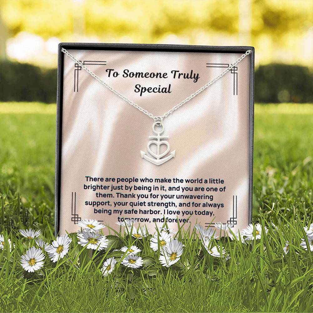 Silver anchor-and-heart pendant necklace in gift box with card insert
