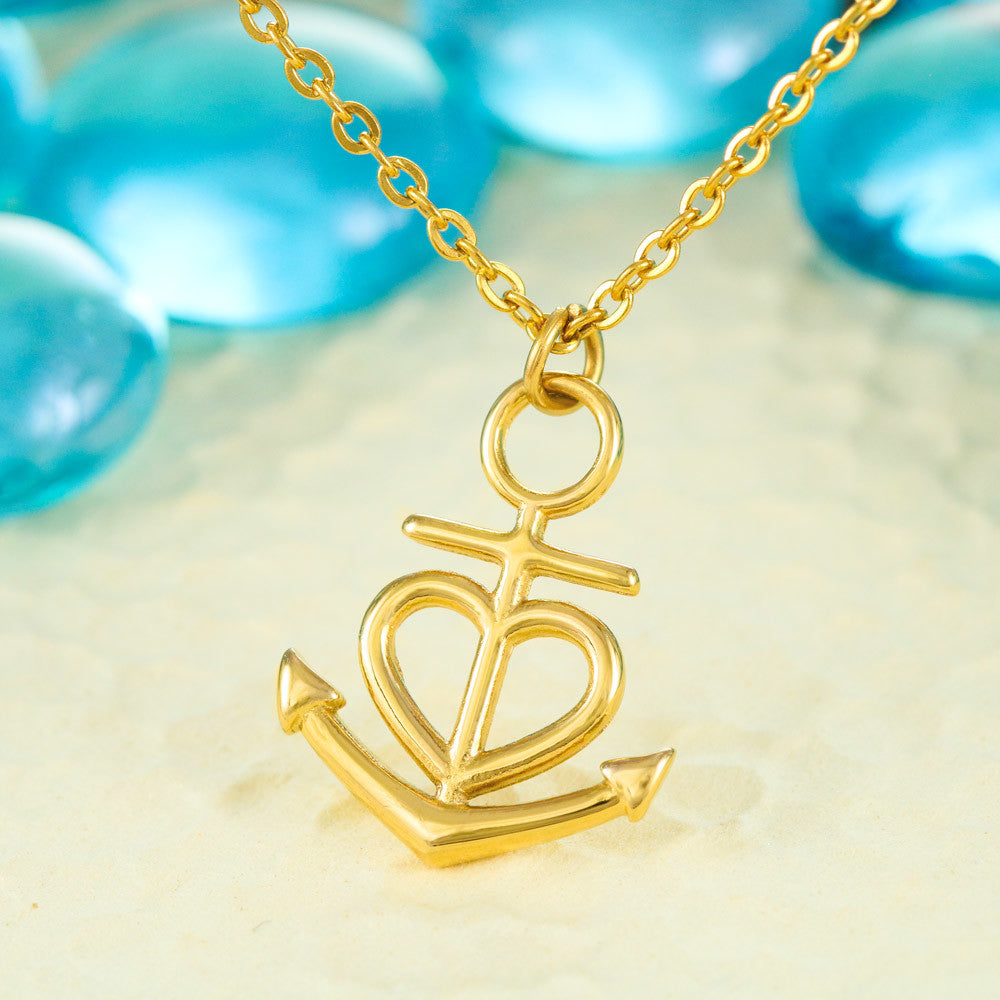 Gold anchor heart necklace pendant with cable chain and small arrow accents