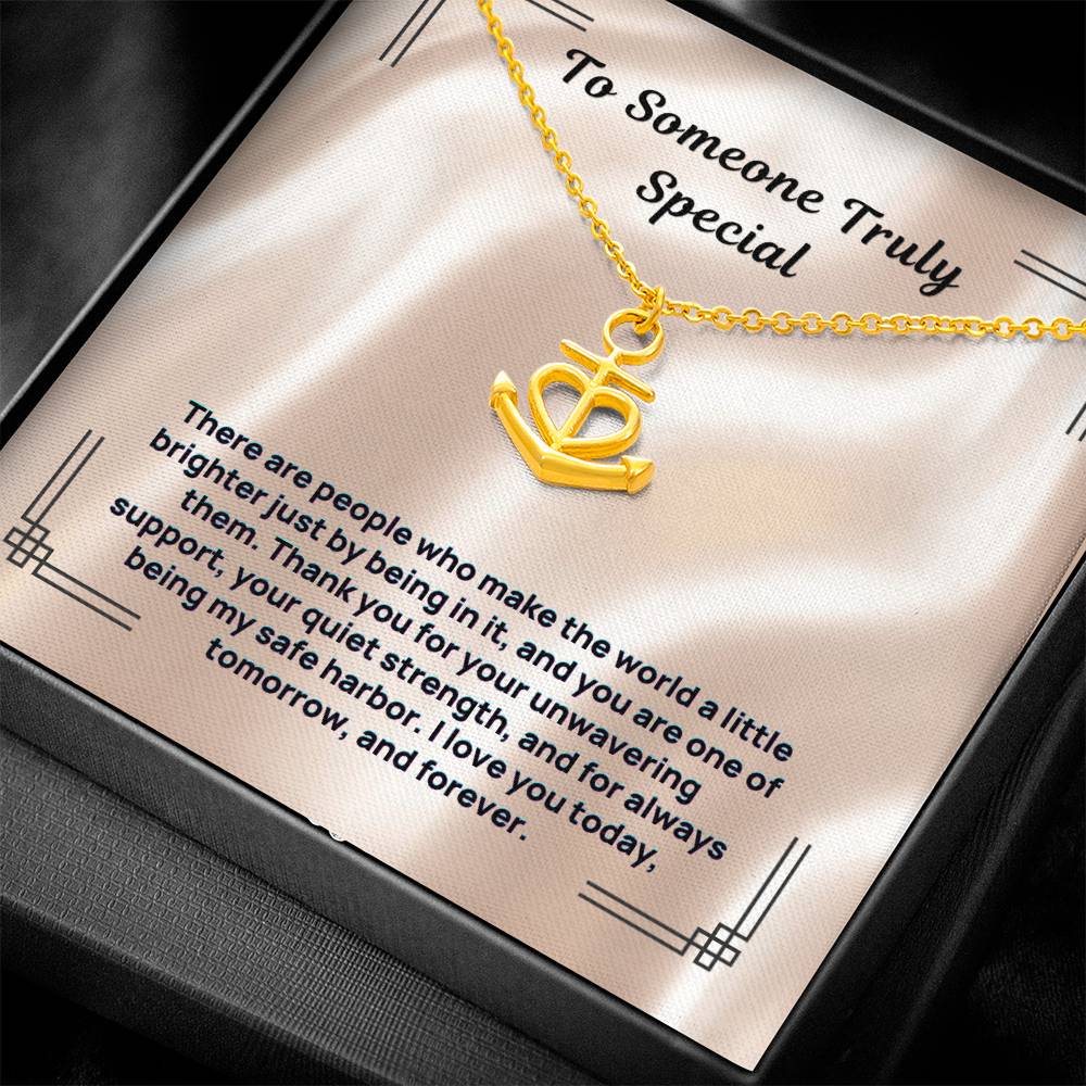 Gold anchor-and-heart pendant necklace with link chain in gift box