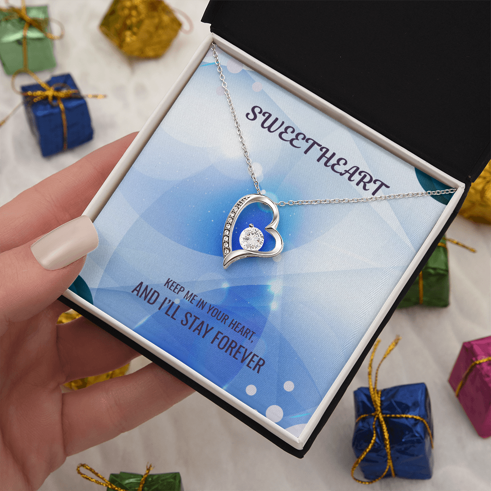 Heart pendant sparkle necklace in gift box, silver chain with blue enamel heart charm
