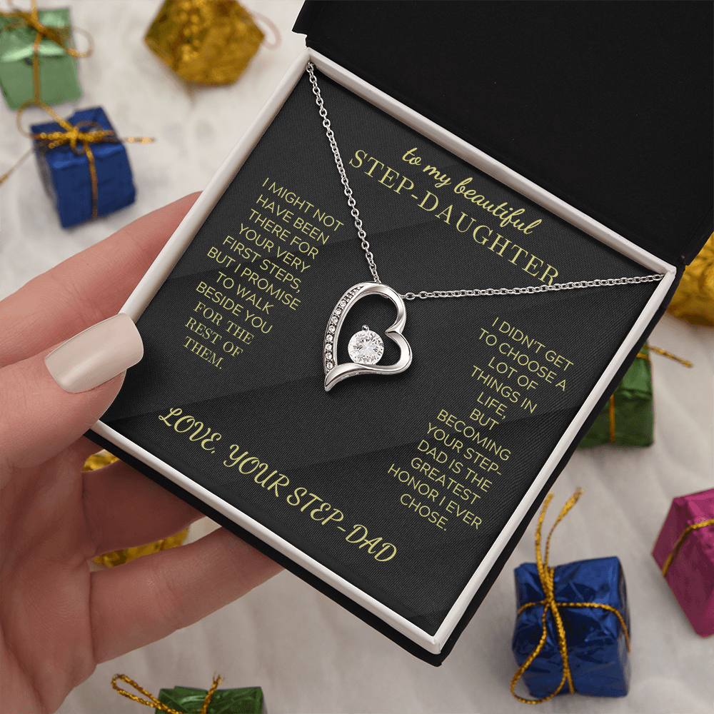 Heart pendant necklace in gift box, silver-tone heart charm with round crystal