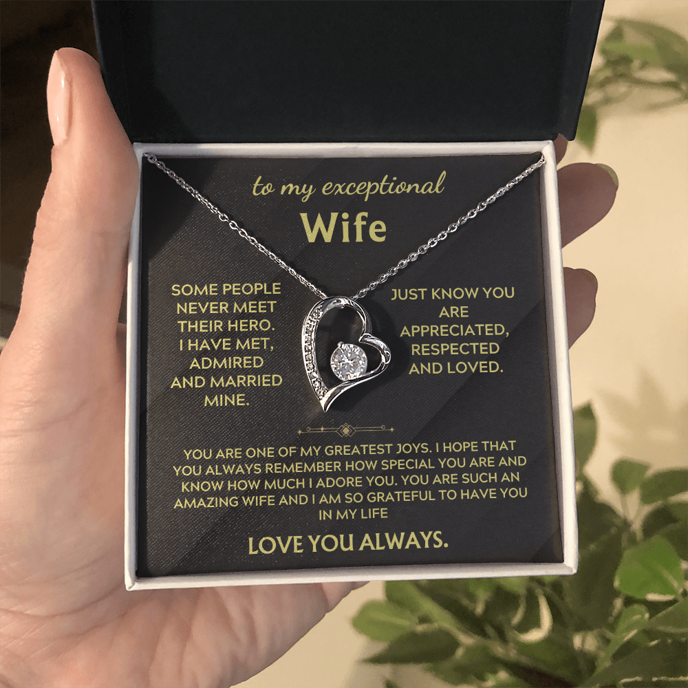 Necklace on black card insert with silver heart pendant and chain, held by a hand