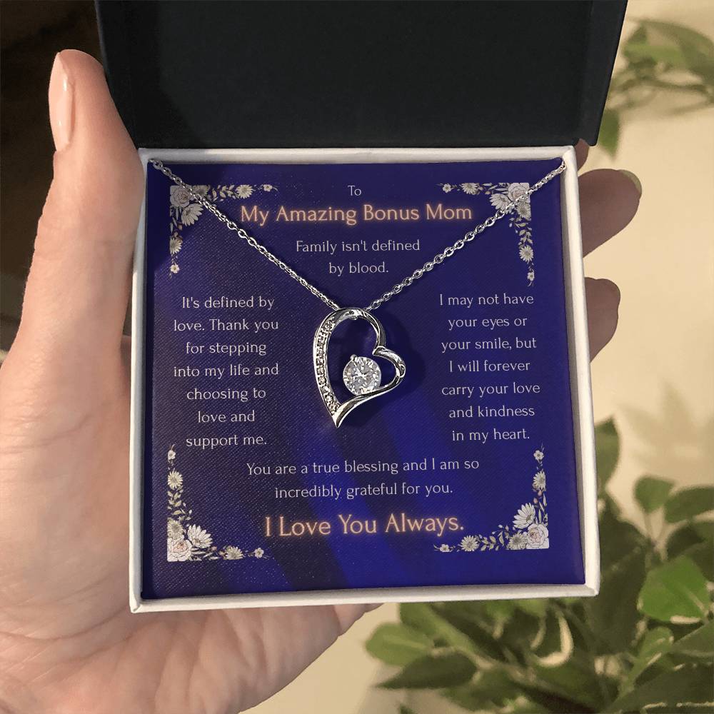 Blue heart pendant necklace in a gift box, silver-toned heart with small crystals