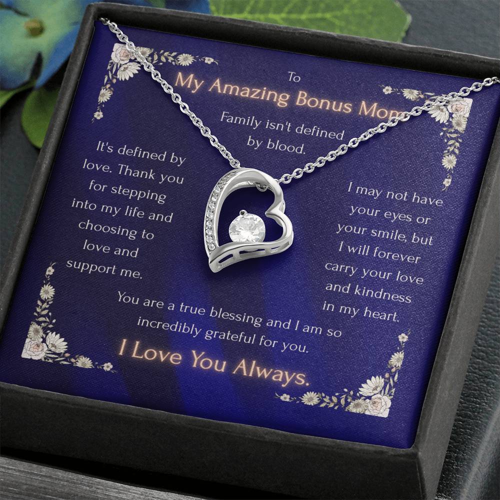 Blue heart pendant necklace in a black gift box, silver-toned heart with crystals
