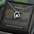 Heart pendant necklace with silver chain and crystal heart on black gift card