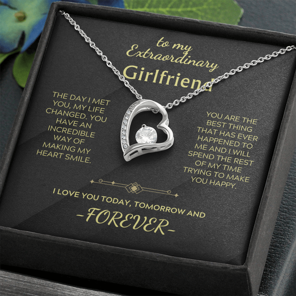 Silver-tone Forever Love Necklace heart pendant with clear crystal in black gift tray
