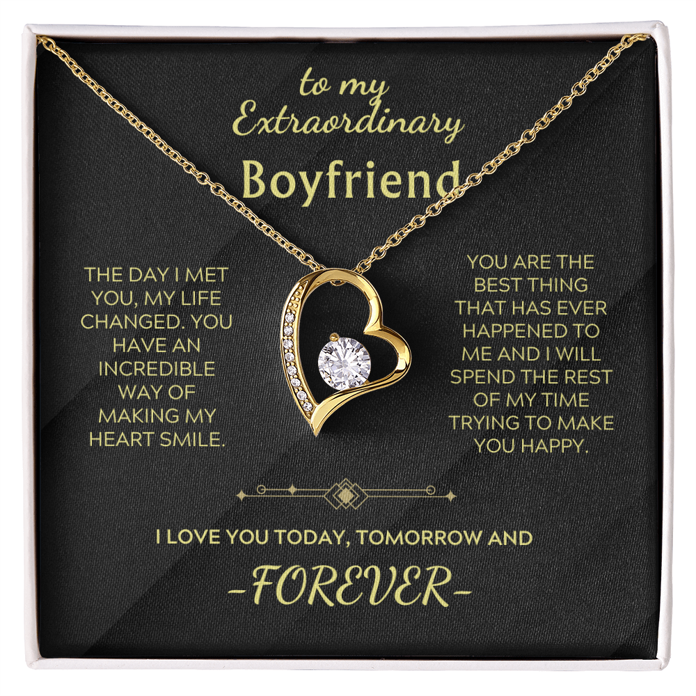 Heart pendant necklace with clear stone, gold chain, gift message for boyfriend