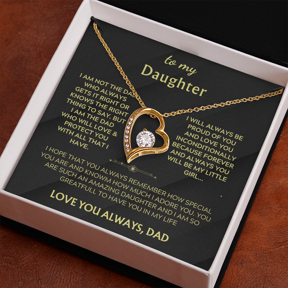 Heart pendant necklace on chain inside white-trim gift box with black message card