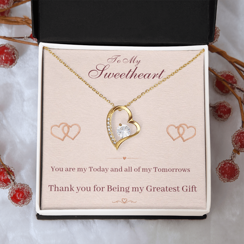 Gold-tone heart necklace with “To My Sweetheart” message card in gift box, four heart icons