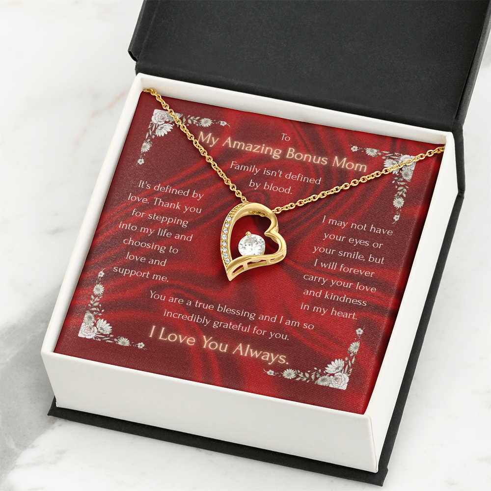 Bonus mom heart pendant necklace in red gift box with gold-tone chain and charm