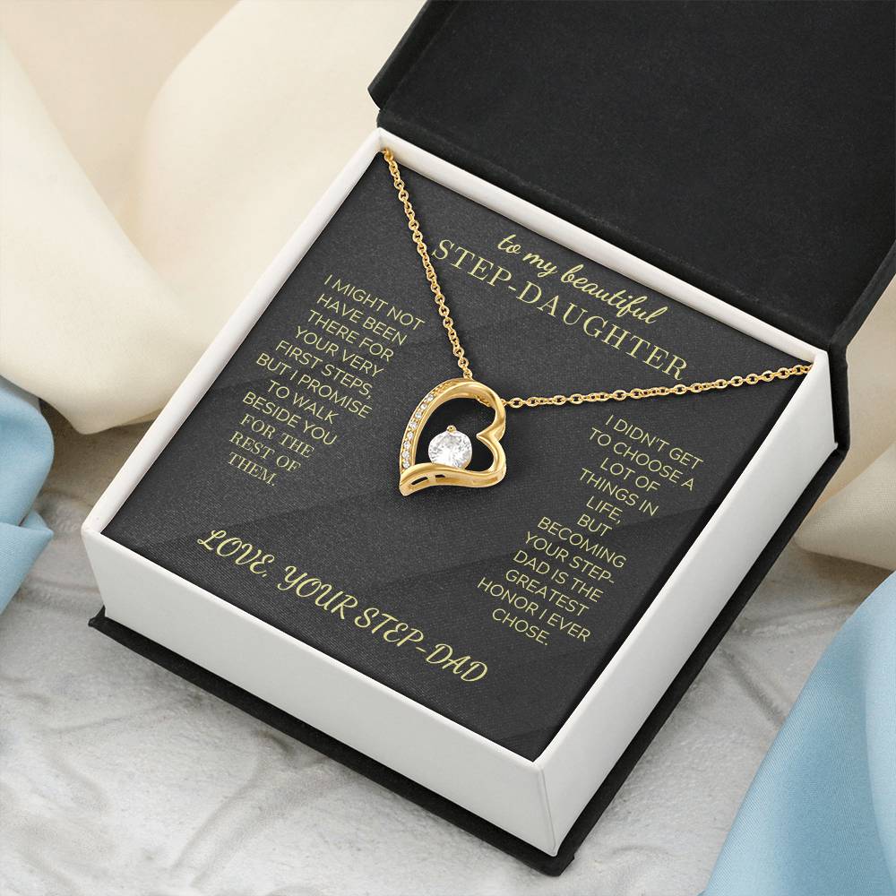 Heart pendant necklace, gold tone with heart outline and crystal center, in jewelry box