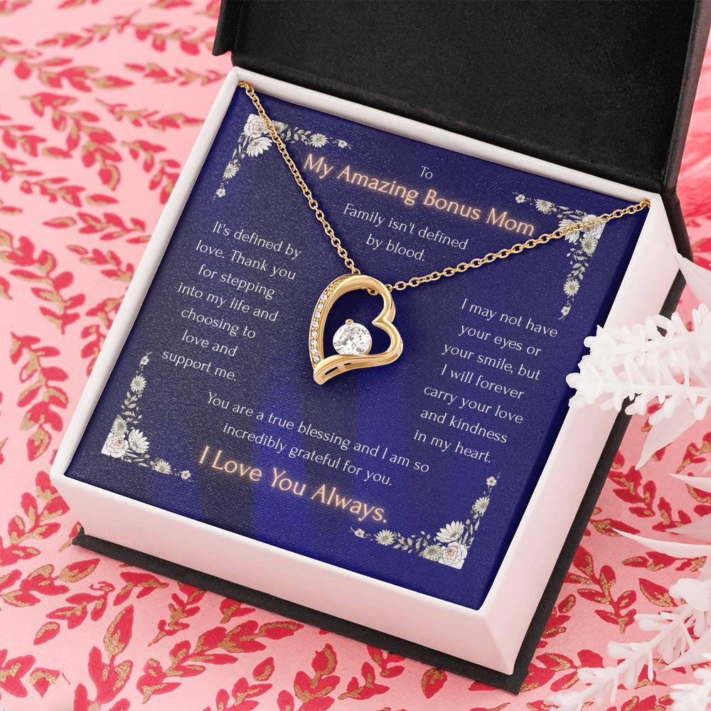 Gold heart pendant necklace with blue message card in white gift box
