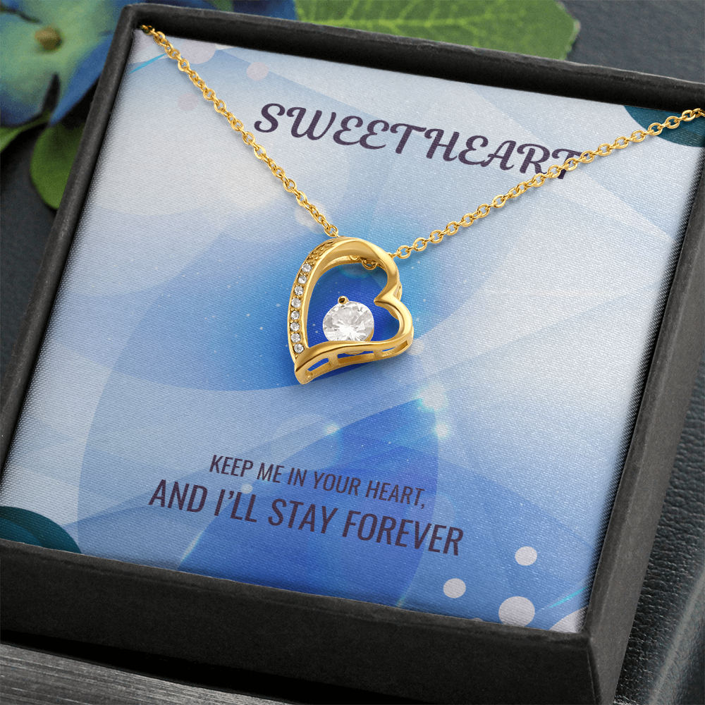 Gold heart charm necklace in gift box, blue enamel heart with crystal accents