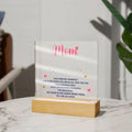 Standing acrylic “Mom” keepsake with message text and wood base