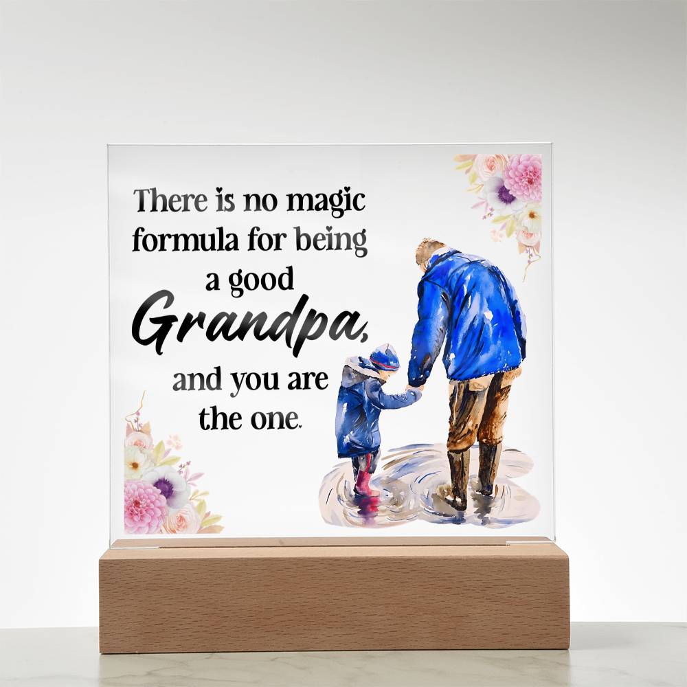 Acrylic square night light front view: blue grandfather figure with floral quote, on wood base.