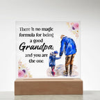 Acrylic square night light front view: blue grandfather figure with floral quote, on wood base.
