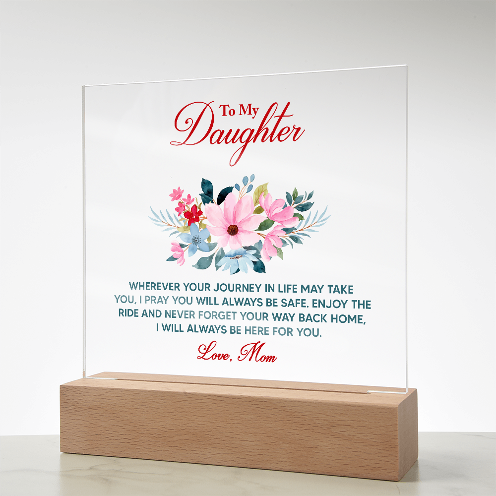 Acrylic keepsake sign with floral print and text, on wooden base