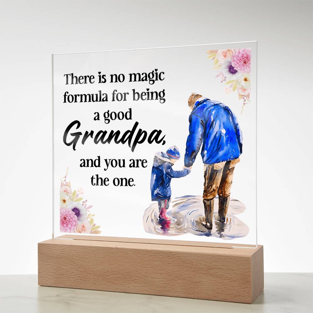 Acrylic square night light with blue grandfather and child figure, floral quote, wood base.