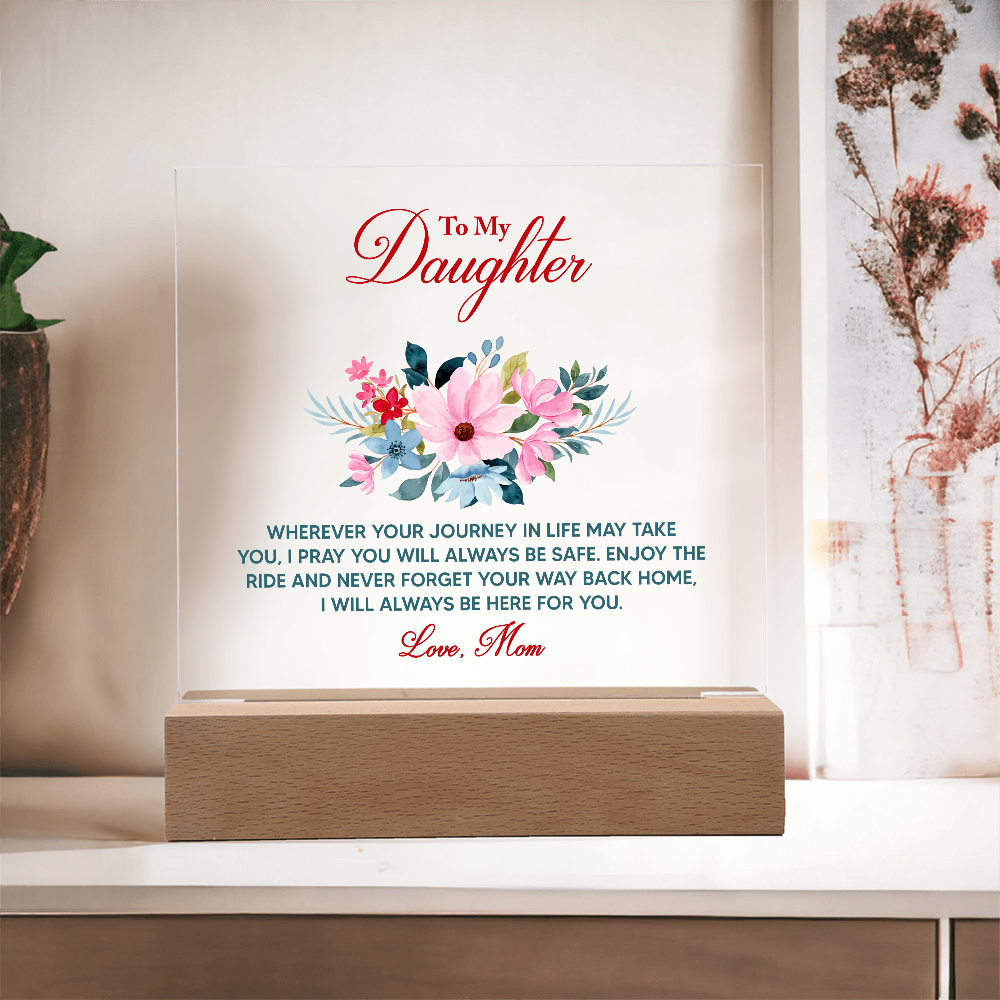 Acrylic keepsake sign with floral bouquet and message, on wooden base on shelf