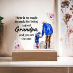 Acrylic square night light with blue grandfather figure and floral quote on wood base.