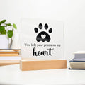 Acrylic keepsake sign on wooden base with black paw print and heart text