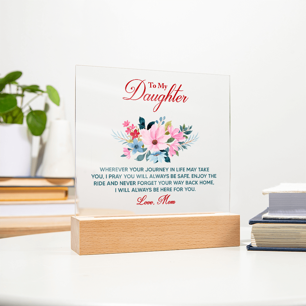 Acrylic keepsake sign with colorful floral design on wooden display base