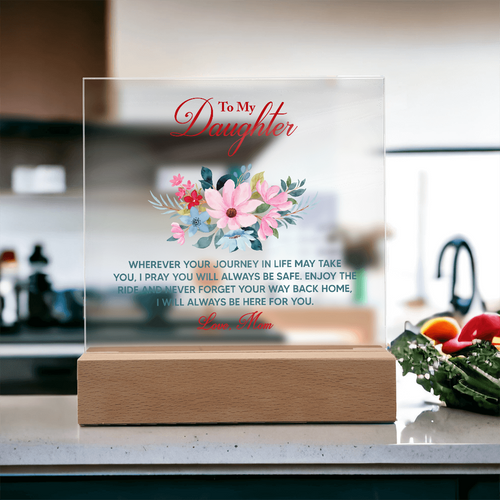 Acrylic keepsake plaque with floral bouquet and red 'To My Daughter' text on wood base