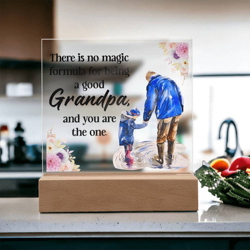 Acrylic LED plaque featuring blue Grandpa and grandson art on a wood base