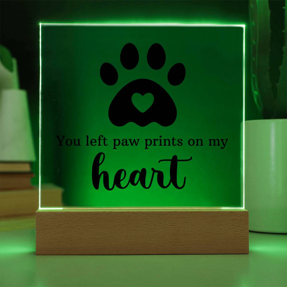 Acrylic keepsake with paw-print heart design, green LED border and wooden base