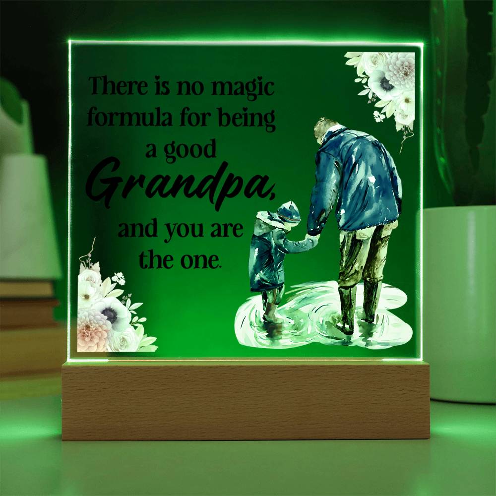 Green-lit square acrylic LED Grandpa plaque with wood base and floral details