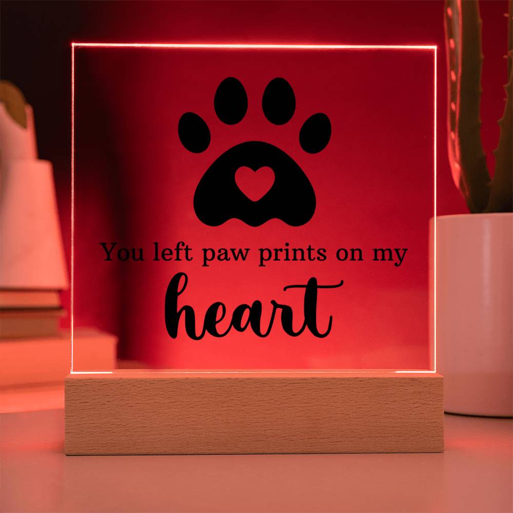 Acrylic keepsake with paw-print heart design, red LED border and wooden base