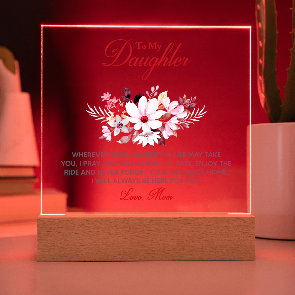 LED-lit acrylic keepsake sign with floral print, mounted on wooden base
