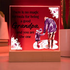 Acrylic square night light with blue grandfather figure, floral quote, red LED border, wood base.