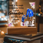 Acrylic LED photo plaque with Grandpa and grandson figurines on a wood base