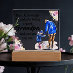 Acrylic square night light with blue grandfather figure and floral quote on wood base.