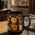 Black ceramic coffee mug with jack-o'-lantern pumpkin artwork, handle on right